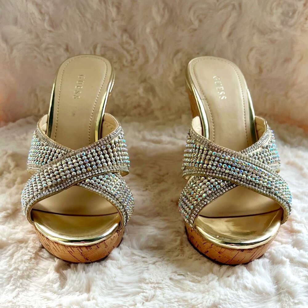 GUESS Eleonorae Gold Rhinestone Wedge Sandals - Size 7